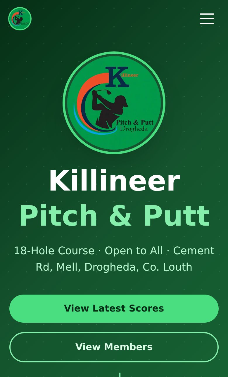 killineerpitchandputt.ie on a phone: club crest, View Latest Scores and View Members buttons