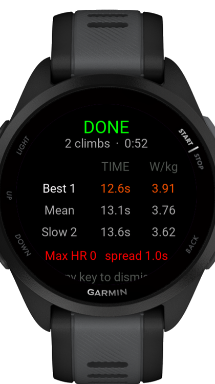 Garmin watch showing a StairSprint session summary: best, mean and slowest climb times with W/kg